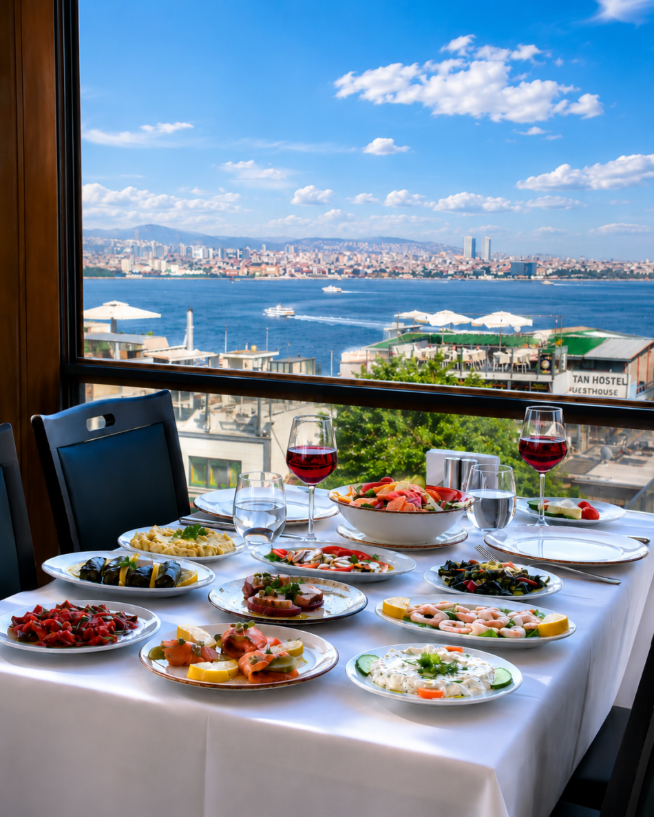 Explore cold meze, hot starters, fresh fish, premium shellfish, Turkish kebabs, flaming testi kebab, pasta, vegetarian dishes and desserts.